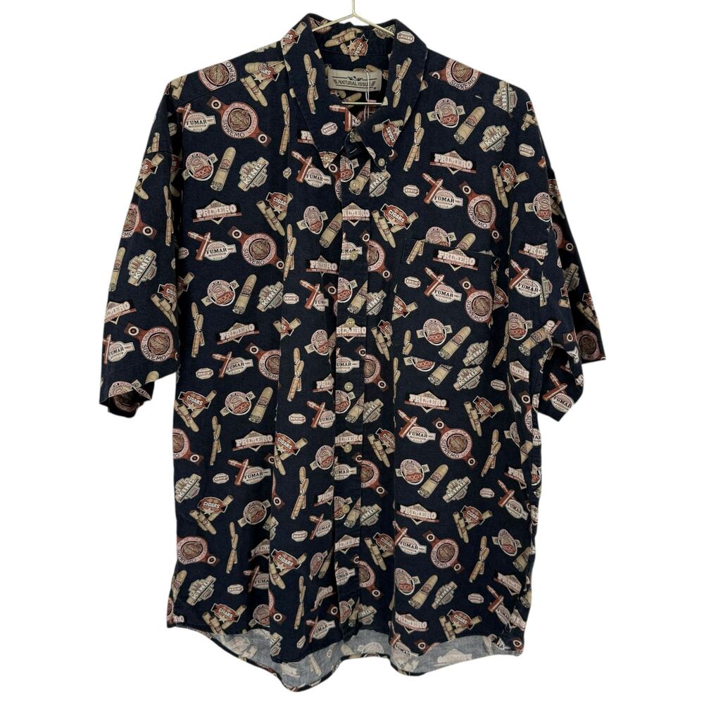 Vintage Natural Issue Cigar Novelty Camp Shirt Men's XL 100% Cotton Casual